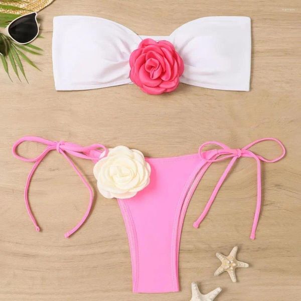 Frauen Badebekleidung sexy Blumenbikini Set Stylish 3D Bandeau mit Schnürbesprechungen Patchwork Farbbadeanzug für schnelle