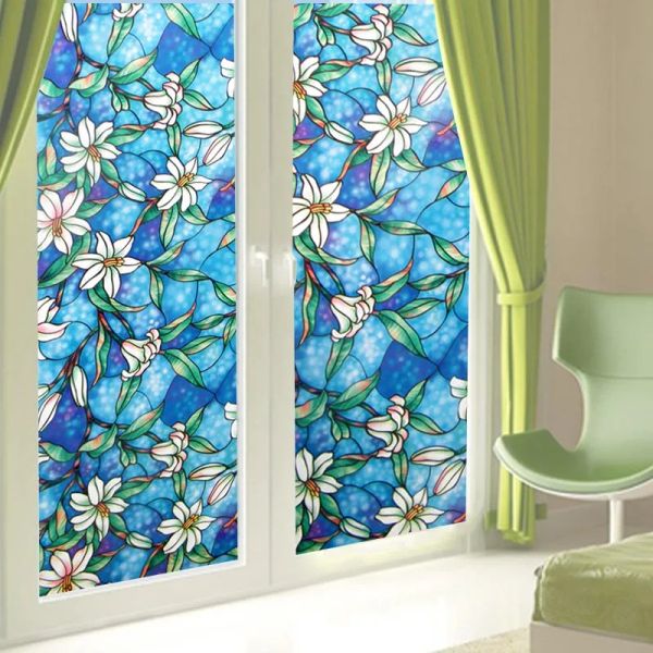 Filmes 2m longo azul magnólia flor vitral filme de janela estática autoadesivo orquídea flor filme de vidro decoração de janela para casa