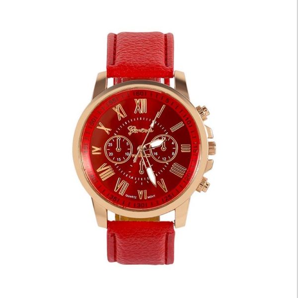 Drei-Subidials-rote Uhr Retro-Genf-Studentenuhren Damen-Quarz-Trend-Armbanduhr mit Lederband298O