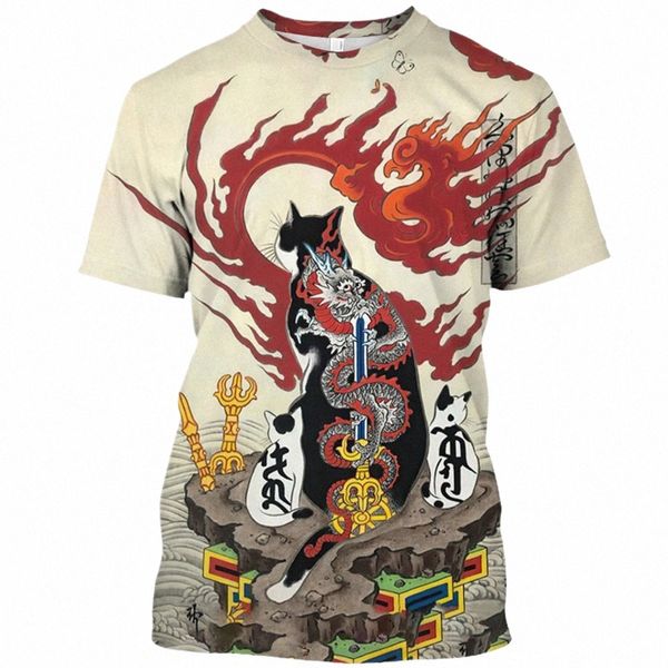 Japanische Samurai-Katze-Druck-Männer und Frauen-T-Shirt Fi-Trend-Art-beiläufige O-Ansatz-T-Stücke übergroße kurze Hülsen-freies Schiff n6Ty #