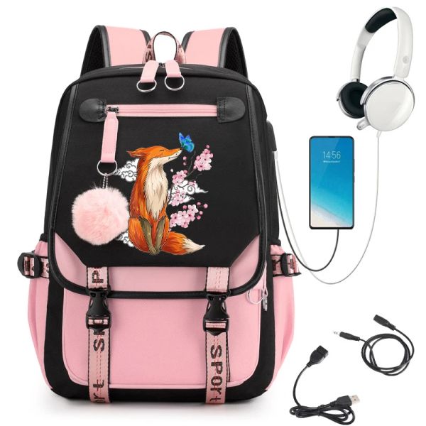 Rucksack Fox Anime Rucksack Bag Mädchen Schultasche Beutel Teenager USB Port Rucksack Kawaii Back Pack Laptop Reise -Rucksäcke Mochila