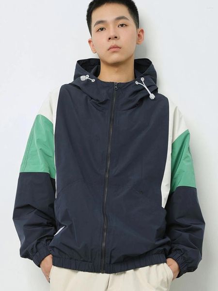 Männer Jacken Frühling Mit Kapuze Windjacke Colorblock Patchwork Koreanische Mode Lose Unisex Zipper Mantel 2024