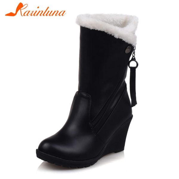 Stivali karinluna nuova vendita calda zip solide zip tacchi alti scarpe donna casual inverno stivali midcalf neri grandi dimensioni 3052