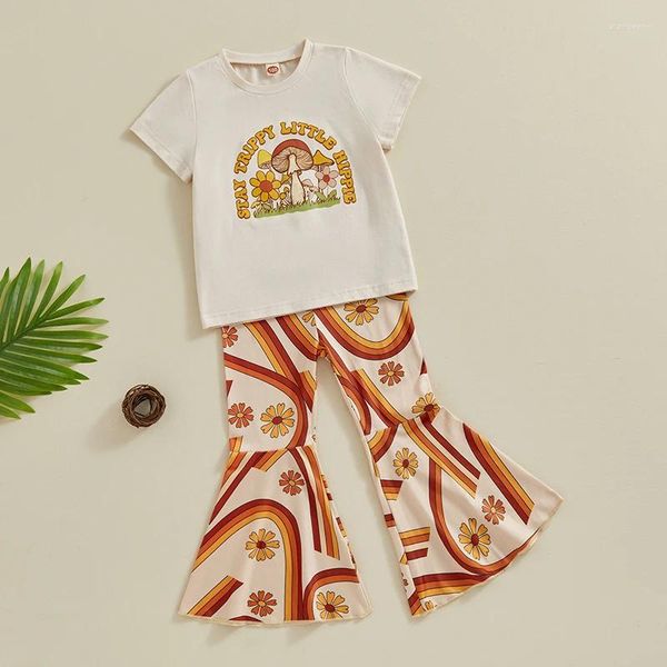 Комплекты одежды, летний наряд для маленьких девочек, футболка Stay Trippy Little Hippie, топ с радужными расклешенными брюками с цветочным принтом