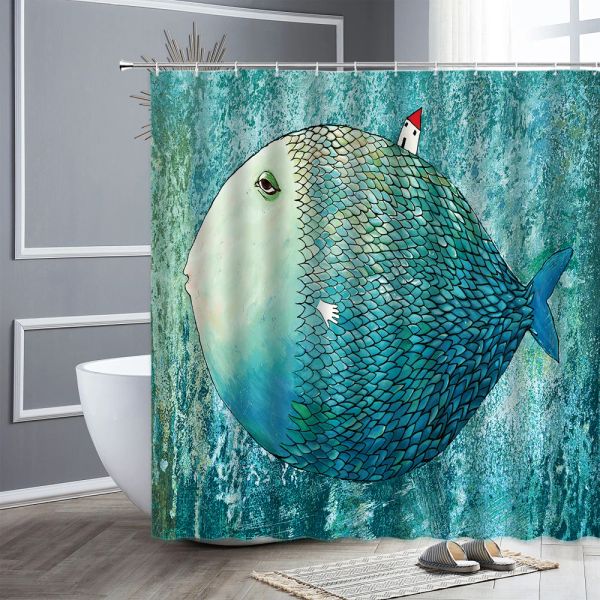 Tende Cartoon Big Fish Small House Arte astratta Tende da doccia Stile nordico Creativo Decorazioni per la casa Tenda da bagno per bambini Schermo da bagno