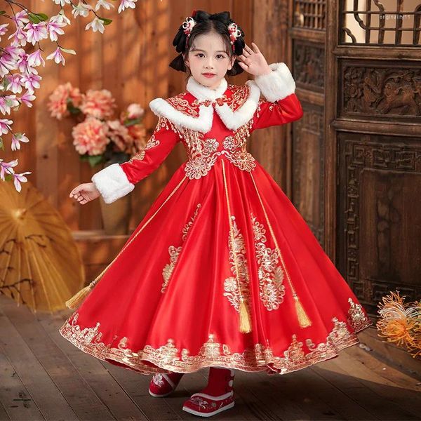 Vestidos de menina anos vestido de princesa chinês antigo tang traje tradicional festival roupas forro de lã longo tule moderno hanfu