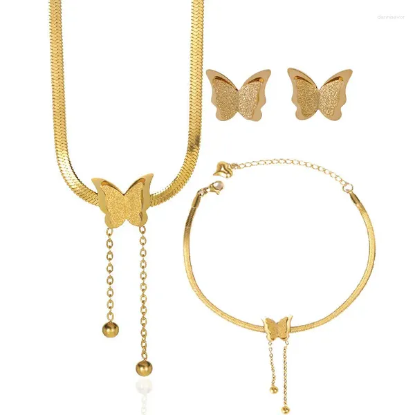 Halskette-Ohrringe-Set aus 316L-Edelstahl, gehobener, mattierter 2-lagiger Schmetterlings-Choker-Charm, Schlangenknochen-Armband-Ohrring-Damenschmuck