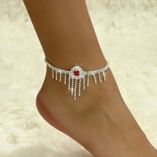 Tornozeleiras Kmvexo Red Crystal Chain Ankle Pulseira na Perna Pé Jóias Strass Borla Tornozeleira para Mulheres Casamento Nupcial Acessórios de Festa