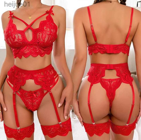 Set sexy da donna Set intimo sexy in pizzo Teddy Lace Sex Bikini Reggiseno in 3 pezzi e set intimo con giarrettiera Indossare biancheria intima babydoll C24325