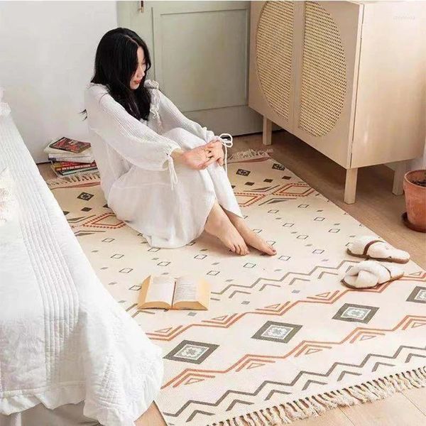 Tapetes personalizáveis estilo nórdico algodão moda borla mão-tecido sala de estar quarto tapete de cabeceira tapetes infantis