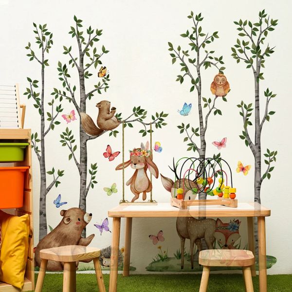 Adesivi Nuovi animali della foresta Adesivi murali albero Orso Volpe Cervo Decalcomanie murali Camera da letto per bambini Sala giochi Decorazioni murali per cameretta dei bambini