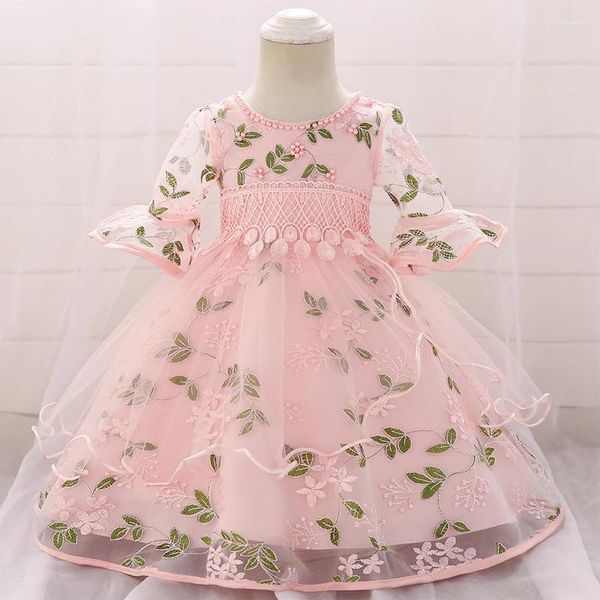 Платья для девочек, праздничное платье принцессы с цветами для детей 1 года, кружевной костюм с цветочной вышивкой и короткими рукавами для новорожденных, детская одежда