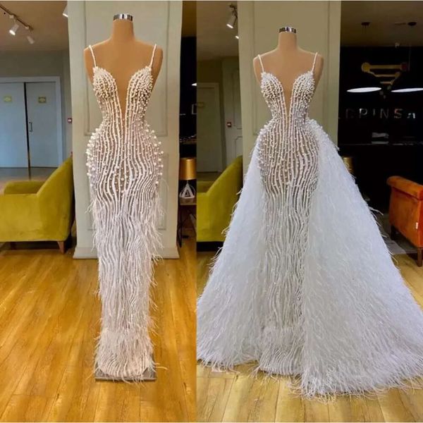 Vestidos de casamento com bainha de penas de avestruz, coluna de cristal, vestidos de noiva com miçangas de strass, plus size, feito sob encomenda, bes121