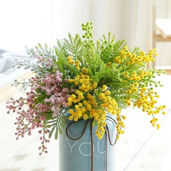 Fiori decorativi 6 pz/bundle Mimosa Artificiale Piante Finte Decorazione di Cerimonia Nuziale Ghirlanda di Acacia Falso Stame di Palma Fiore Decorazione Della Casa