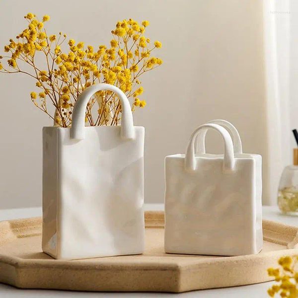 Vasi Fiori in ceramica Tote retrò a forma di borsa da tavolo Elegante vaso di fiori per la casa Soggiorno Simpatico cestino decorativo