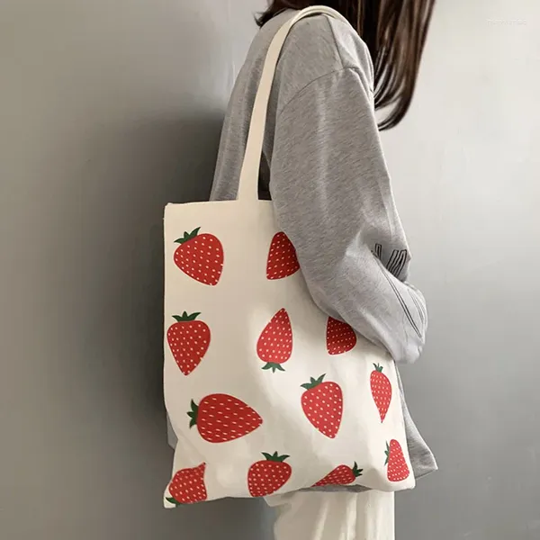 Bolsas de armazenamento Mulheres lona Tote Shopper Bag Large Eco Shopping Strawberry Printing ombro para menina Feminina Bolsa dobrável