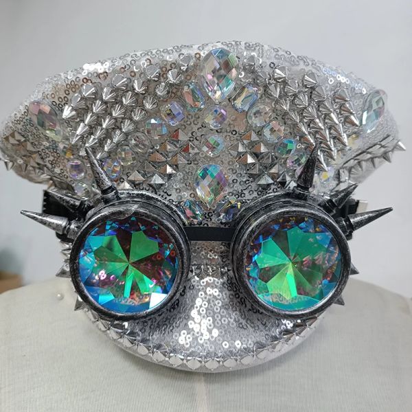 Hüte Silber Diamant Nieten Pailletten Luxus Steampunk Hut Mit Brille Halloween Cosplay Zubehör Goth Karneval Party Nachtclub Tragen