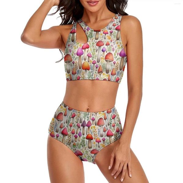 Conjunto de biquíni feminino com estampa colorida, cogumelo, floresta, sexy, cintura alta, 2 peças, padrão push up, praia