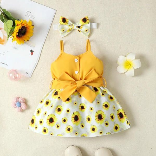 Vestidos de menina vestido de verão para crianças 0-24 meses estilo moda cinto girassol impressão princesa emenda formal de alças