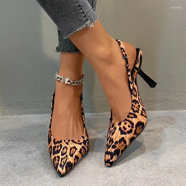 Sandálias 2024 verão mulheres apontou toe salto alto sexy mulher sapatos moda leopardo impressão festa casamento slingback bombas