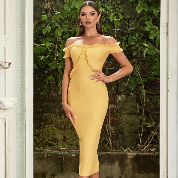 Vestidos casuais francês uma linha pescoço amarelo vestido longo para mulheres verão temperamento suave slim fit mostrar envoltório quadris estilo de férias dopamina