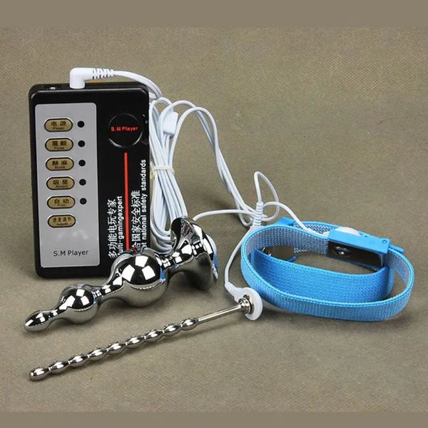 Männliche weibliche Elektroschock -Orgasmus Masturbation Penis Ring Analstecker Set Erwachsene Sexspielzeug 240312