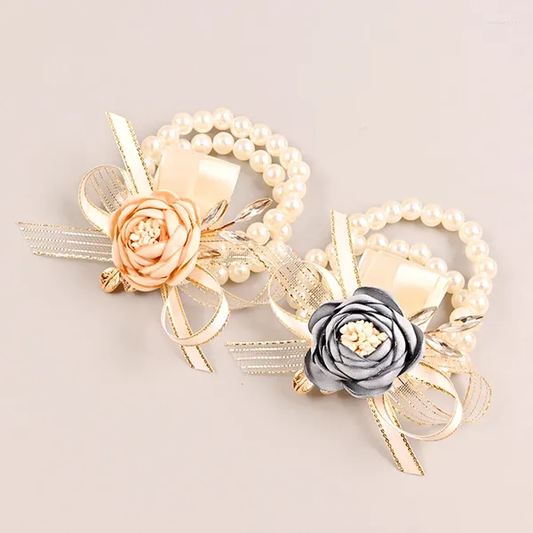 Dekorative Blumen Braut Brautjungfer Handgelenk Blume Imitation Kunstperle Seidengarn Hand Hochzeit Armband Armband Mädchen Party Abschlussball Schmuck