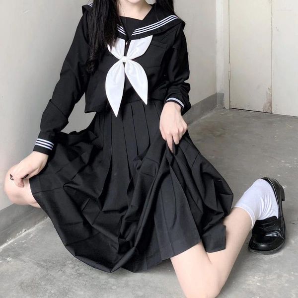 Set di abbigliamento Uniformi scolastiche giapponesi Stile Studente Ragazze Costume da marinaio Donna Sexy Nero JK Abito lungo Abito da marinaio Camicetta a pieghe Gonna a pieghe