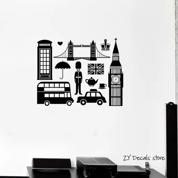Adesivi Inglese Inghilterra Simbolo Decalcomanie da muro Big Ben Londra Adesivi murali Decorazione camera da letto Carta da parati murale Decorazione murale fai da te L382