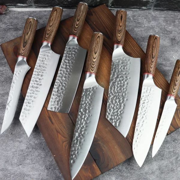 Bıçaklar 17pcs Paslanmaz çelik bıçaklar Set Dövme Hammer Boning Kasap Bıçağı Japon Şefi Santoku Kesme Cleaver Barbekü Araçları