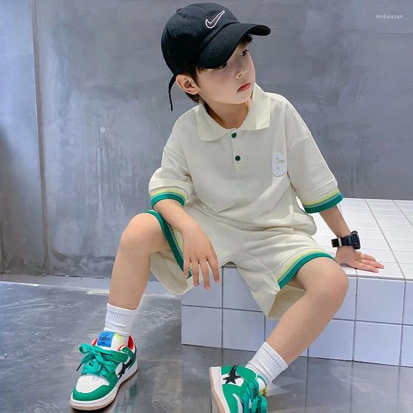 Conjuntos de roupas JucpKid Coreano Escola de Verão Menino Treino Elementar Polo Camisa de Manga Curta Esporte Shorts Meninos de 4-12 anos de idade