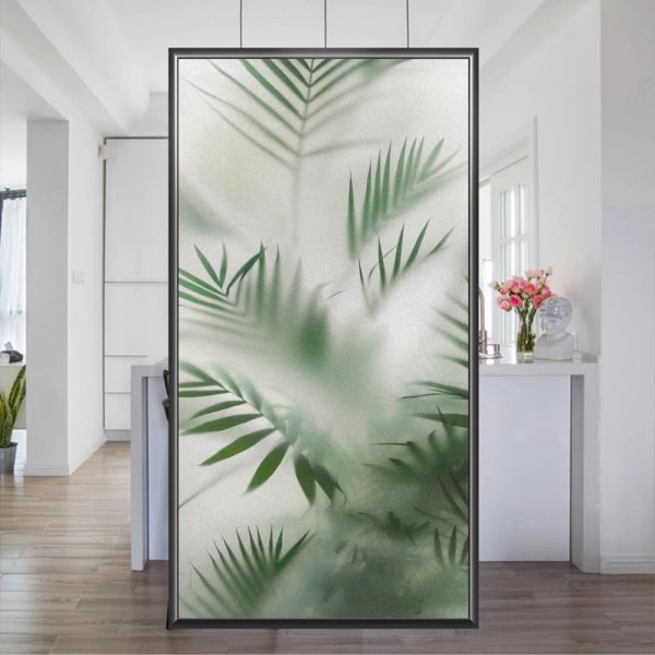 Pellicole Privacy Pellicola per vetri per vetri Protezione solare Senza colla Pellicola per finestre per bagno Pellicola per decorazioni per porte in vetro smerigliato con motivo vegetale verde