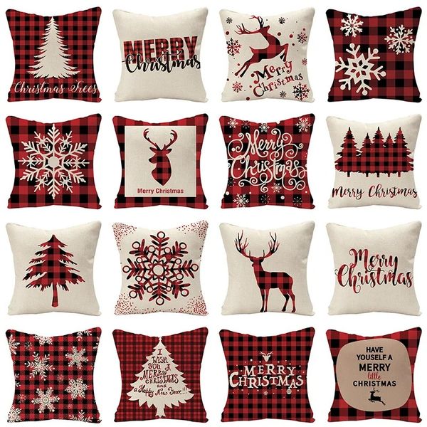 Custodia per cuscini natalizi in plaid scozzese rosso di lino, alberi di renna, fiocchi di neve, stampa, cuscini decorativi natalizi per divano letto