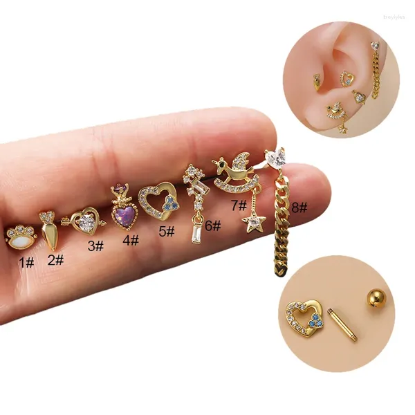 Saplama küpeleri 1piece 16g 1.2mm Paslanmaz Çelik Vidalı Küpe Kadınlar Moda Takı Zirkon Zincir Püsküllüler Dangly Gençler