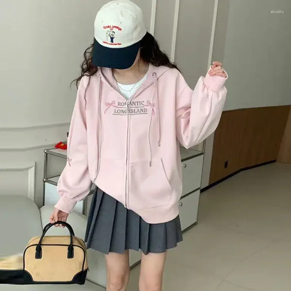 Hoodies femininos coreano menina manga arco design sentido primavera solto com capuz zíper cardigan camisola lanterna casaco bordado rosa