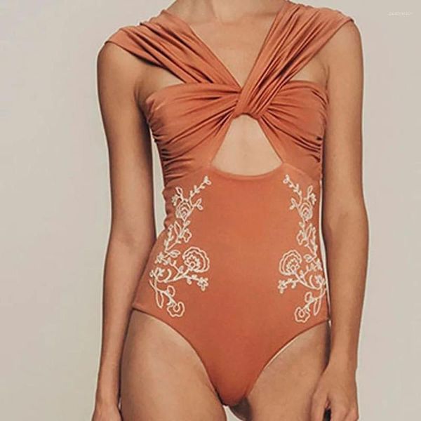 Kadın Mayo Düz Renk Basılı Kesme Çapraz Kayış Tasarım Mayo Şık Yüksek Bel İnce Tek Parça Bikini Sırtsız Seksi Pushup Beach Good