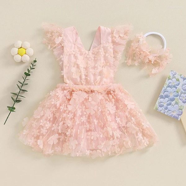 Mädchenkleider Born Baby Mädchen Strampler Kleid 3D-Blume Fliegenärmel hinten zum Binden geschichteter Tüllrock Saum Kleinkind-Bodys mit Stirnband