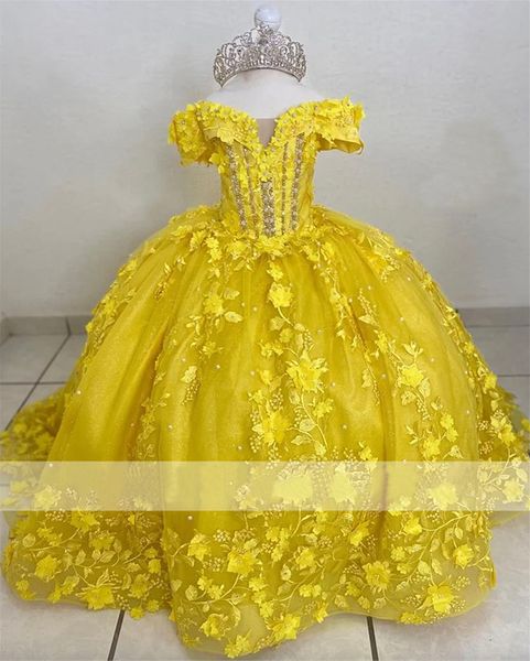 Neues Design, gelbes Blumenmädchenkleid, schulterfrei, Prinzessin, Ballkleid, Applikation, Kristalle, Perlen, Erstkommunion, Fotoshooting