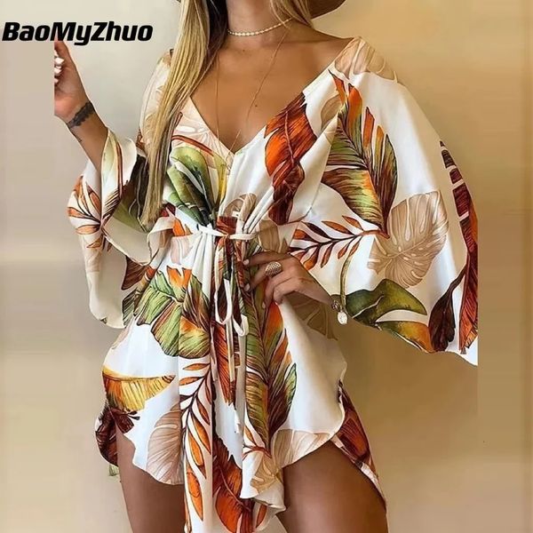 2024 Summer Beach Abiti eleganti da donna Sexy scollo a V Laceup Stampa floreale Mini abito Casual maniche svasate Vestito da festa da donna 240323