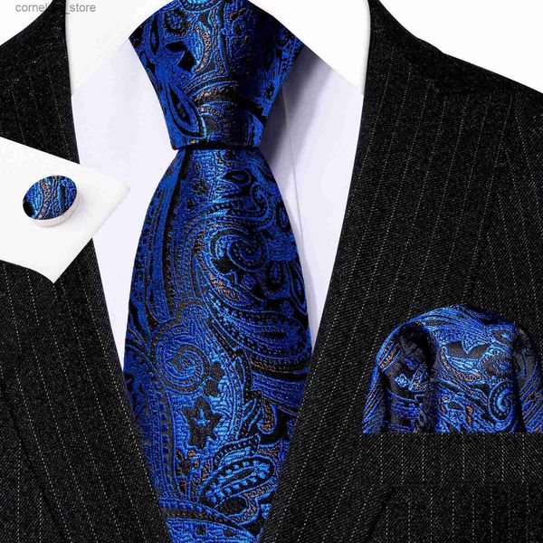 Cravatte Cravatte Moda Navy Paisley Seta Cravatta da uomo Regalo di nozze Barry.Wang Designer Cravatta Fazzoletto Gemelli Set Business Sposo LN-5413 Y240325