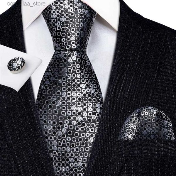 Boyun bağları boyun bağları tasarımcı ipek erkek bağları set siyah gümüş polka nokta ekose kırmızı altın sarı kravat cep kare kolu düğünleri düğün barrywang 6103 y240325