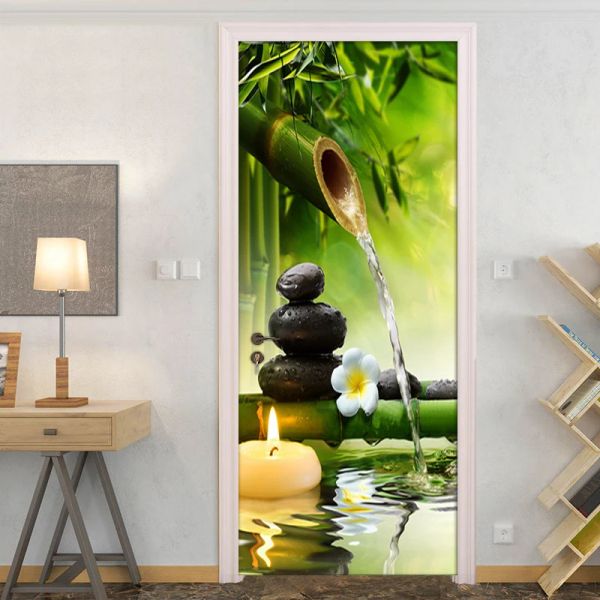 Adesivos diy 3d verde bambu cenário porta adesivos criativo pvc autoadesivo sala de estar porta mural adesivo de parede cartaz foto papel de parede