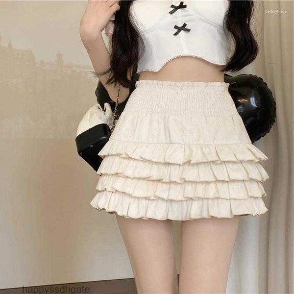 Saias Kawaii Lolita Salia Japão Japan Girls Soft Primavera Verão Estressado Cantura Alta Dobby Bolo em camadas Ruched Ruffle Mini Tutu Rokken