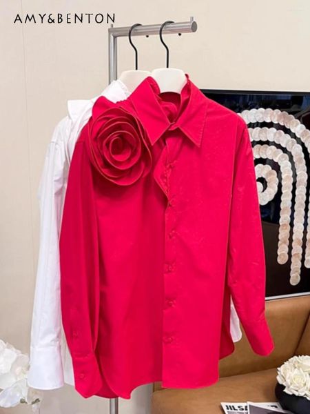 Женские блузки 2024, ранняя весна, ручная работа, 3D винтажный цветок, свободная повседневная блузка, женская высококачественная элегантная хлопковая блузка с длинным рукавом Camisas De