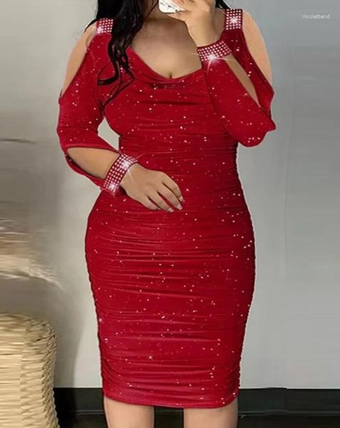 Freizeitkleider Damen-Stil Kleid 2024 Frühling/Sommer Neueste Plus Size Strass Kalte Schulter Langärmeliger geraffter Party-Bleistiftrock