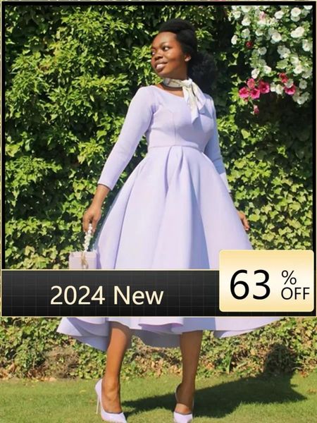 Sıradan Elbiseler 2024 Otomatik Kadınlar Lavanta A-line Elbise o Boyun Uzun Kollu Zarif Pileli Cüppeler Afrikalı Kadın Prom Partisi Giyim