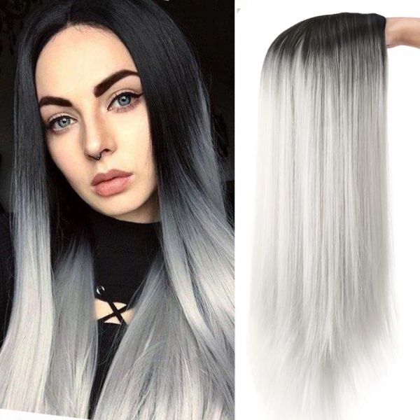 Perücken HOUYAN Lange glatte Haare synthetische Perücke Mädchen blau Silber grau Farbverlauf schwarz Cosplay Lolita Pony schwarz und weiß Perücke Heatresis