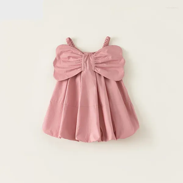 Kız Elbiseler Çocuk Giyim Kızlar Elbise Yaz Pamuk Pembe Bej Kolizsiz Elastik Sling Kelebek Arka Prenses Çiçek Tomurcuk Balonu