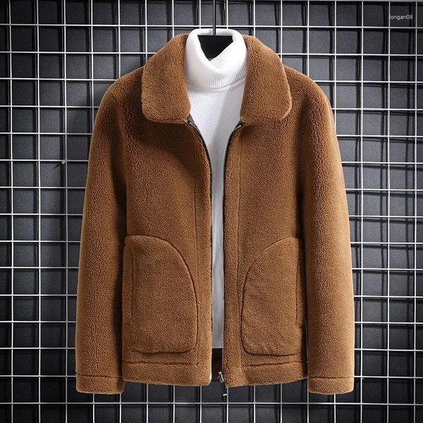 Herrenjacken, einfarbig, italienischer Stil, modisch, lässig, Pelz, eins mit zwei Seiten, tragen körniges Fleece, All-in-One-Jacke mit einfachem Revers