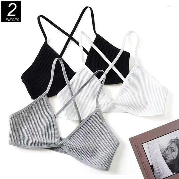 Sutiãs 2 pcs sutiã de algodão com nervuras para mulher sem fio de espuma livre sexy sem forro bralette meninas esportes cruz profunda v triângulo copo